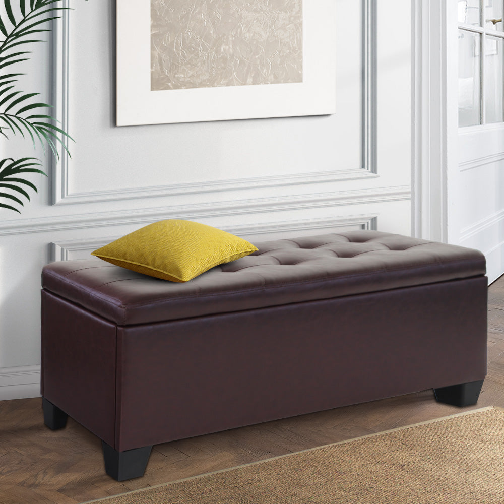 Storage Ottoman Blanket Box 97cm Brown Faux Leather Bench