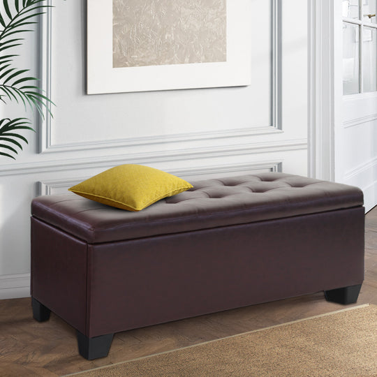Ottomans & Footstools - Storage Ottoman Blanket Box 97cm Brown Faux Leather Bench