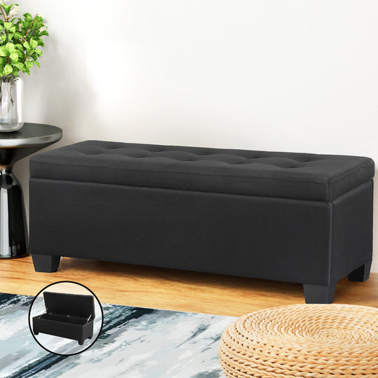 Storage Ottoman Blanket Box 97cm Linen Black, Black colour