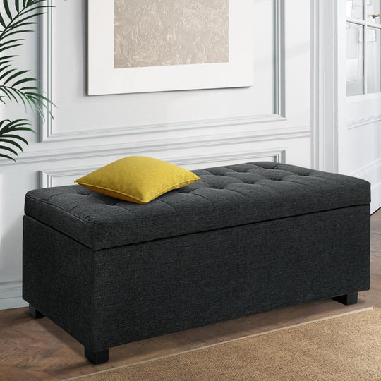 Storage Ottoman Blanket Box 97cm Linen Charcoal - Ottomans & Footstools