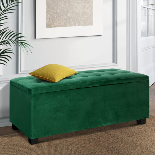 Storage Ottoman Blanket Box 98cm Velvet Green - Artiss Foot Stool Rest