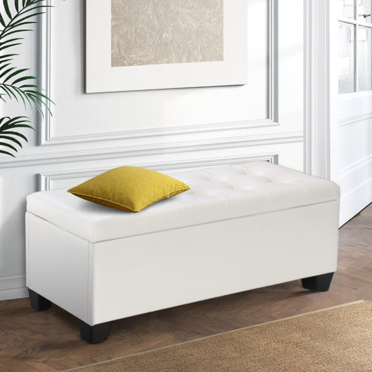 Large PU Leather Storage Ottoman - White