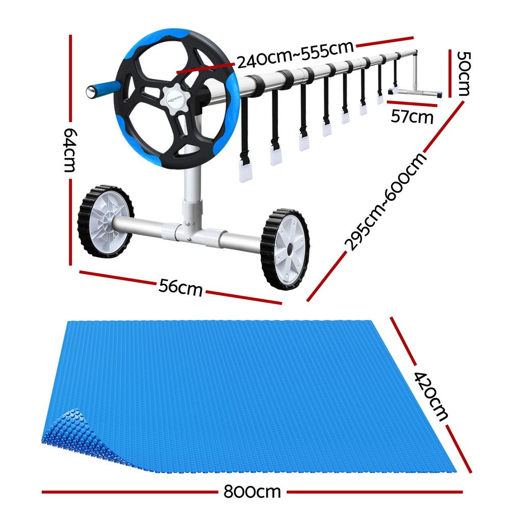 Pool Covers & Accessories - 500 Micron Pool Cover 8x4.2m Solar Blanket with 5.5m Roller Blue