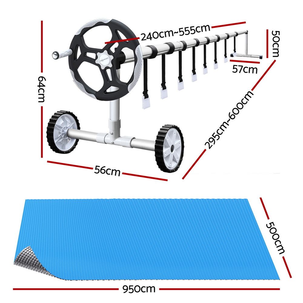 9.5x5m Pool Cover Solar Blanket w/ 5.5m Roller 500 Micron