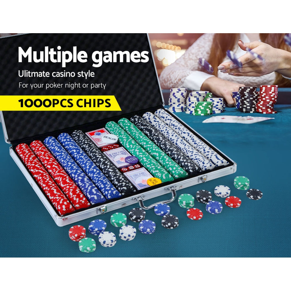 1000pcs Poker Chips Set with Cards Dice & Lockable Aluminum Case