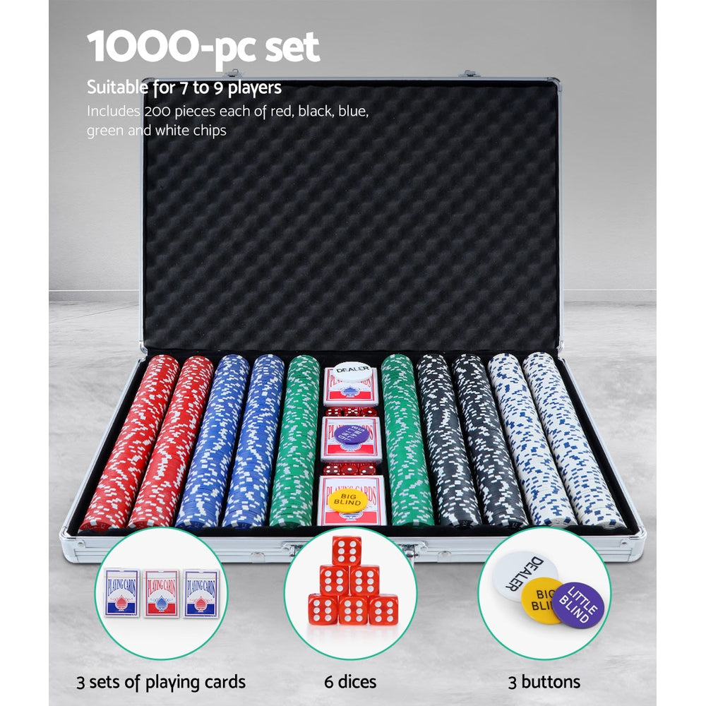 1000pcs Poker Chips Set with Cards Dice & Lockable Aluminum Case