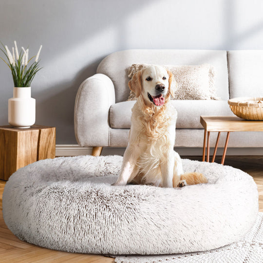 White colour - Pet Bed Dog Cat 110Cm Calming Extra Large Soft Plush White Brown