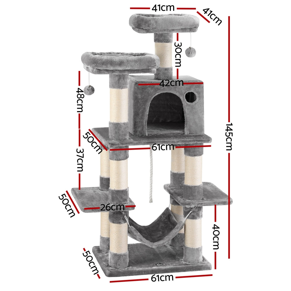Cat Tree 145cm Tower Scratching Post Trees Scratcher Condo House Light Grey | Cat Scratchers