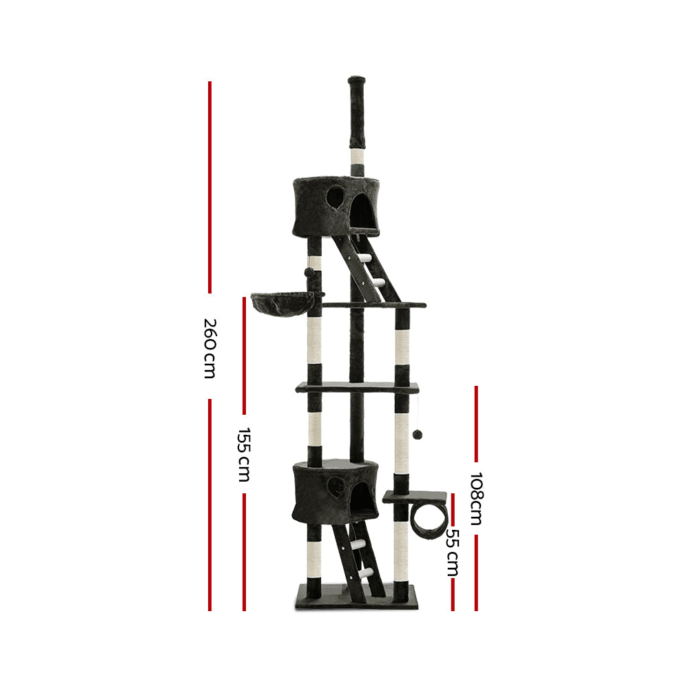 260cm Cat Tree Grey Extra Tall Scratching Post Cat Activity Tower Condo