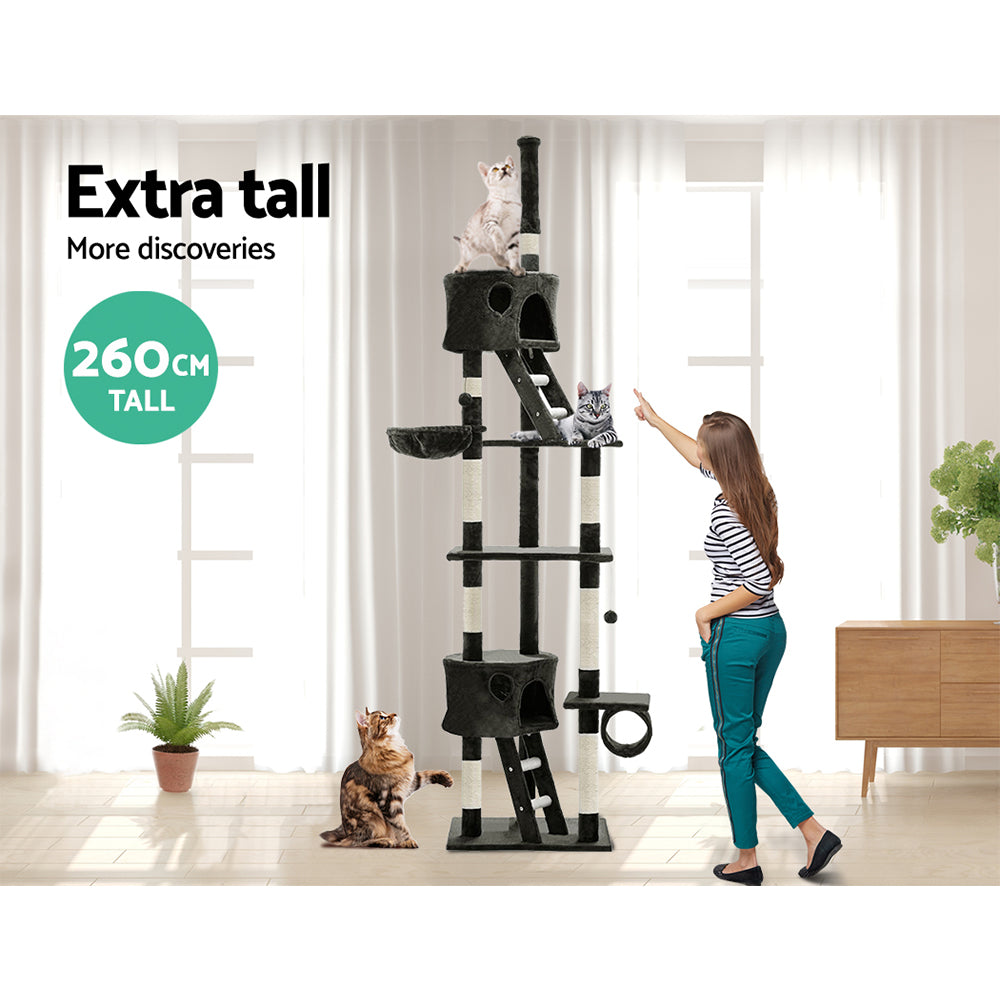 260cm Cat Tree Grey Extra Tall Scratching Post Cat Activity Tower Condo