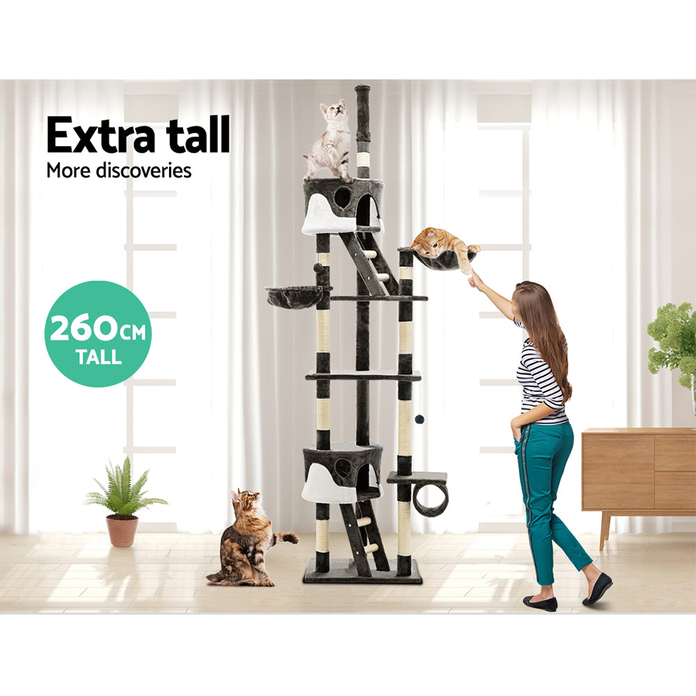 260cm Cat Tree Grey Extra Tall Scratching Post Cat Activity Tower Condo