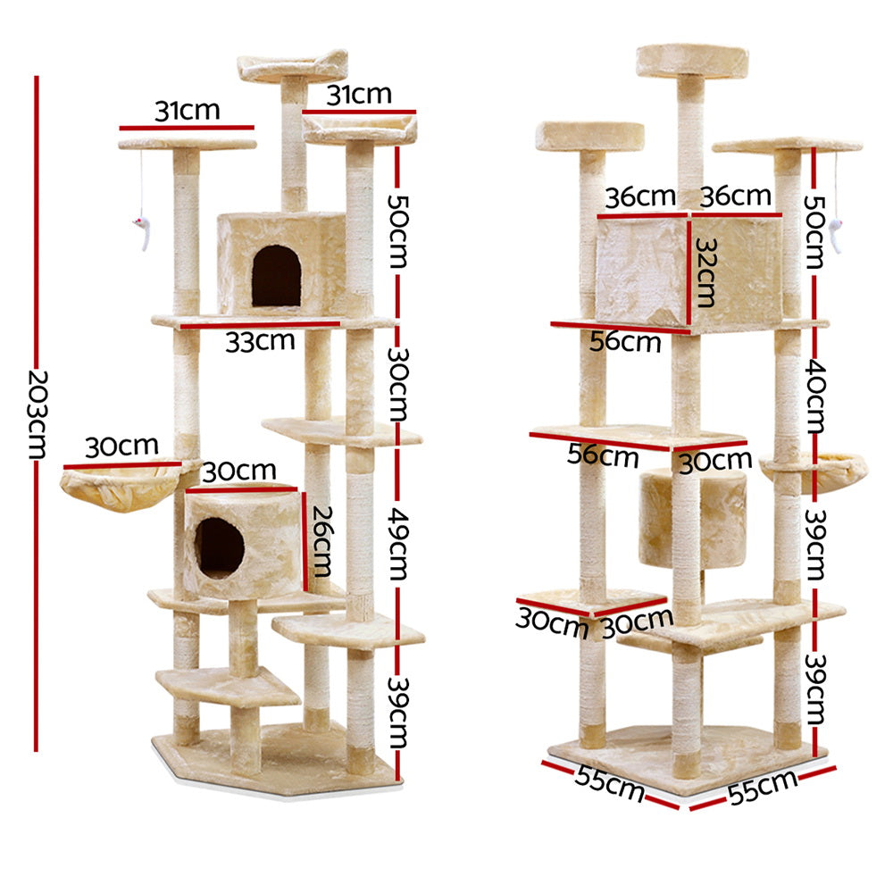 Cat Tree 203cm Trees Scratching Post Scratcher Tower Condo House Furniture Wood Beige