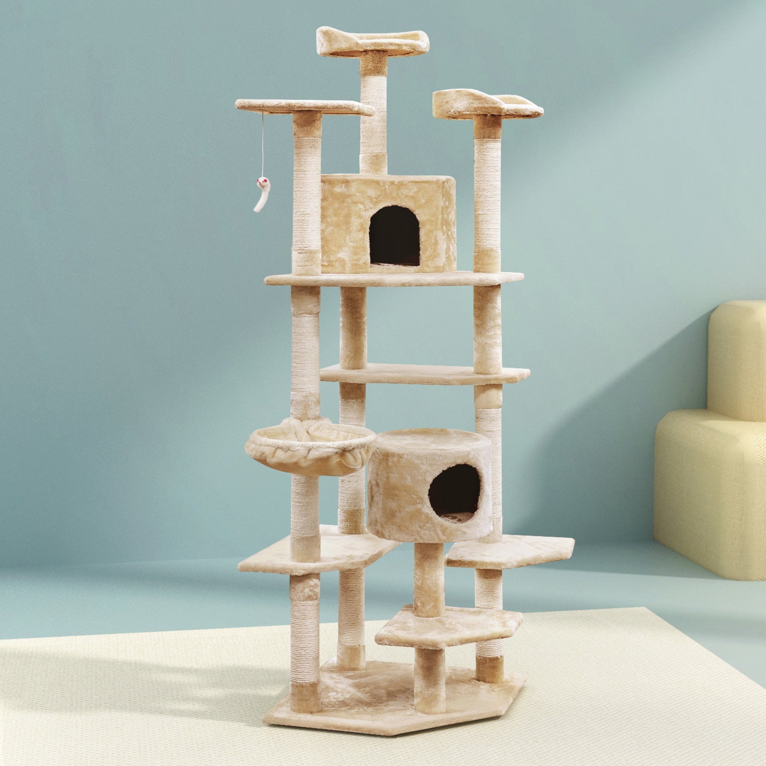 Cat Tree 203cm Trees Scratching Post Scratcher Tower Condo House Furniture Wood Beige