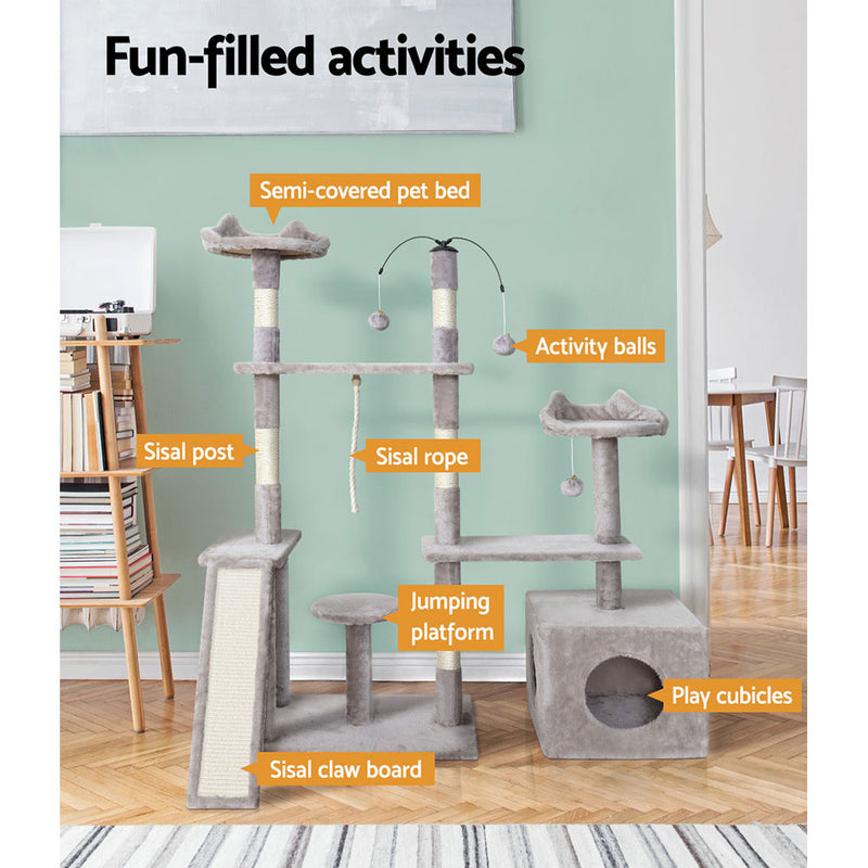 Stylish Cat Tree Tower with Scratching Posts - Grey 135cm - Ipet Post Condo House