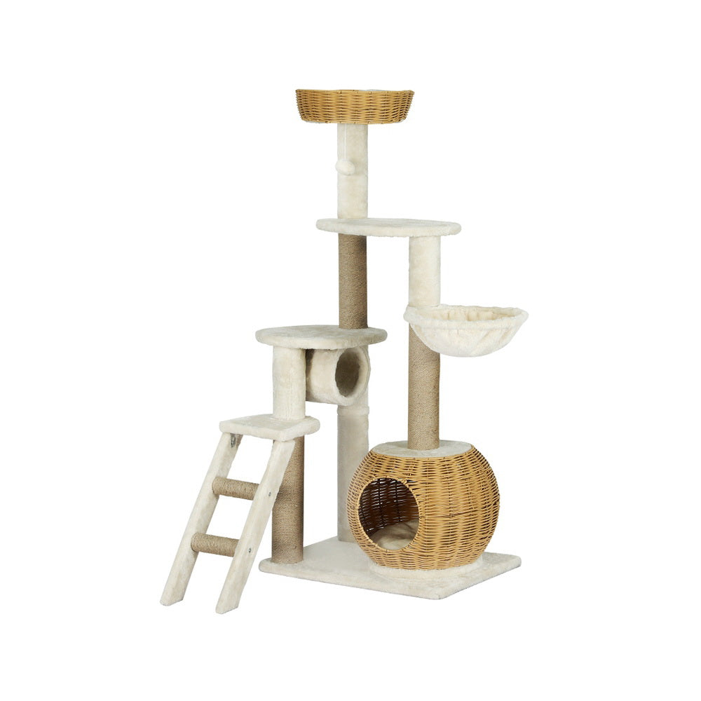 Wood finish - Cat Tree 138Cm Tower Scratching Post Scratcher Wood Bed Condo House Rattan Ladder