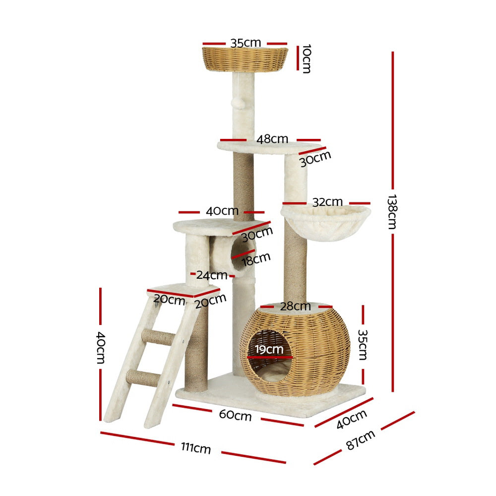 Cat Tree 138Cm Tower Scratching Post Scratcher Wood Bed Condo House Rattan Ladder | Cat Scratching Posts