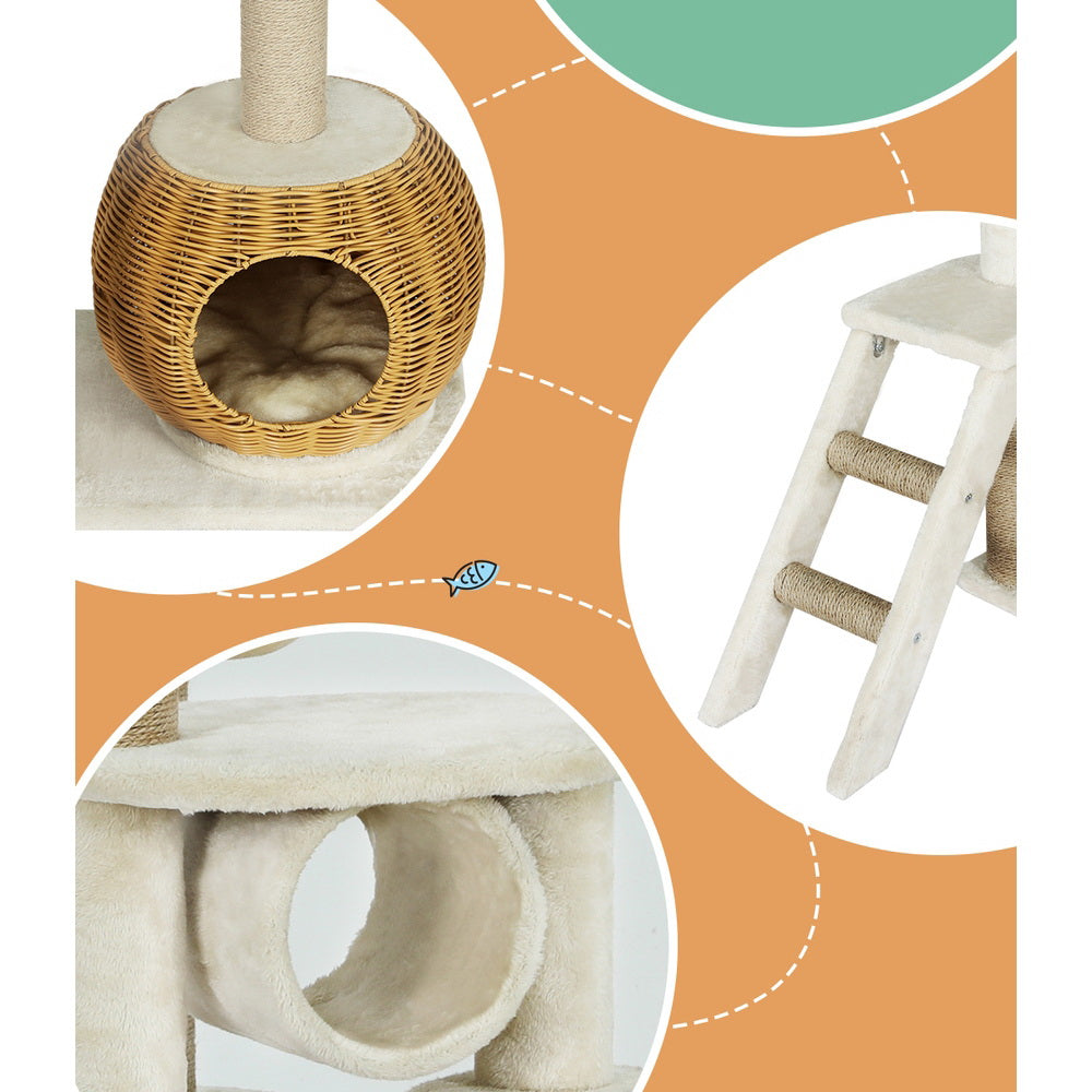 Cat Tree 138Cm Tower Scratching Post Scratcher Wood Bed Condo House Rattan Ladder | Wood finish