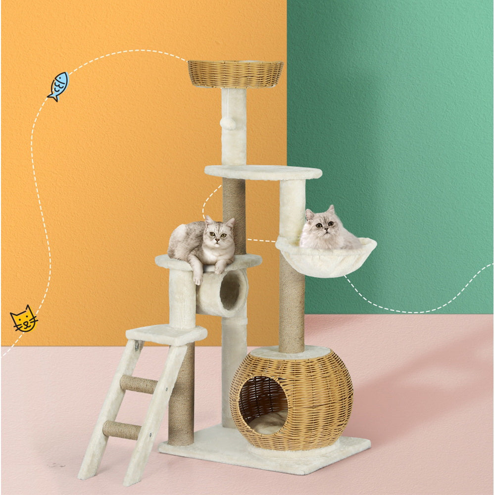Cat Scratching Posts - Cat Tree 138Cm Tower Scratching Post Scratcher Wood Bed Condo House Rattan Ladder