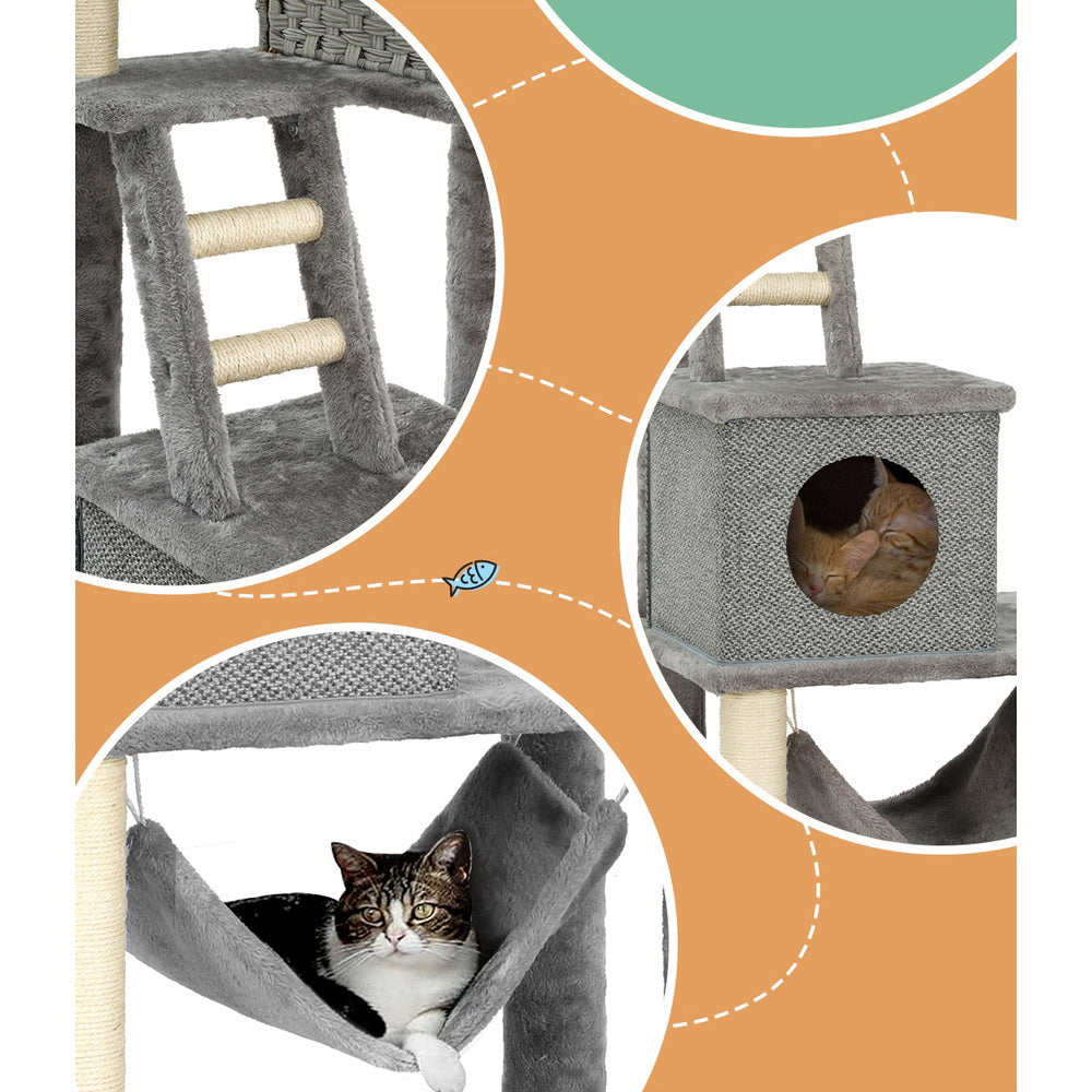 Cat Tree 169cm Tower Scratching Post Scratcher Wood Bed Condo House Rattan Ladder | Wood finish