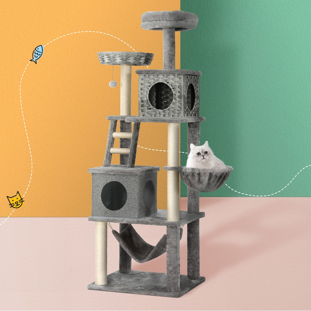 Cat Scratching Posts - Cat Tree 169cm Tower Scratching Post Scratcher Wood Bed Condo House Rattan Ladder