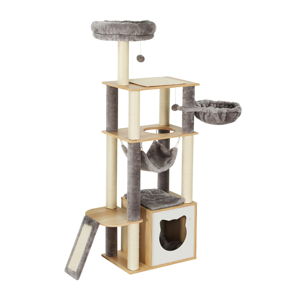 Wood finish - Cat Tree 152cm Tower Scratching Post Scratcher Wood Bed Condo Toys House Ladder