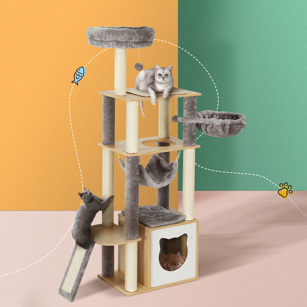 152Cm - Cat Tree 152cm Tower Scratching Post Scratcher Wood Bed Condo Toys House Ladder