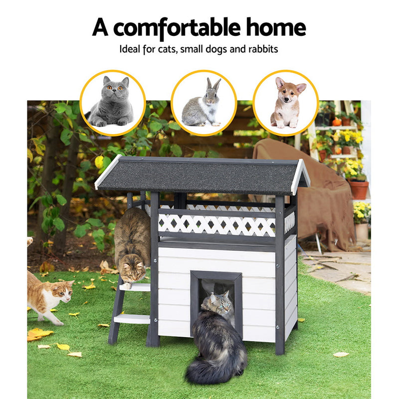 Outdoor Cat House Shelter 77cm x 50cm x 73cm Rabbit Hutch Wooden Condo Small Outdoor Cat House - Small Animal Habitats &