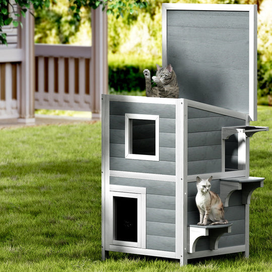 Small Animal Habitats & Cages - Outdoor Cat House Shelter 56cm x 52cm x 82cm Rabbit Hutch Wooden Condo Small Outdoor Cat