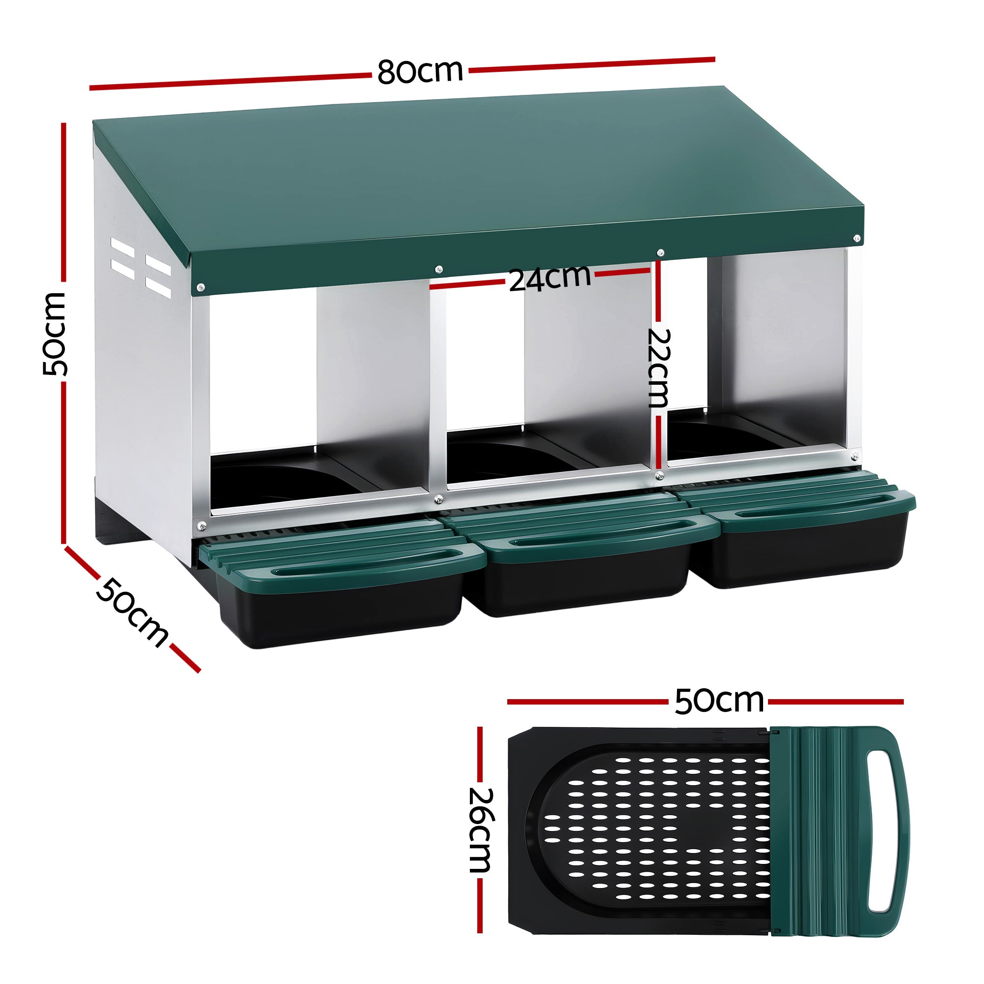Chicken Nesting Box 3 Holes Roll Away Galvanized Metal Wall Mount Green