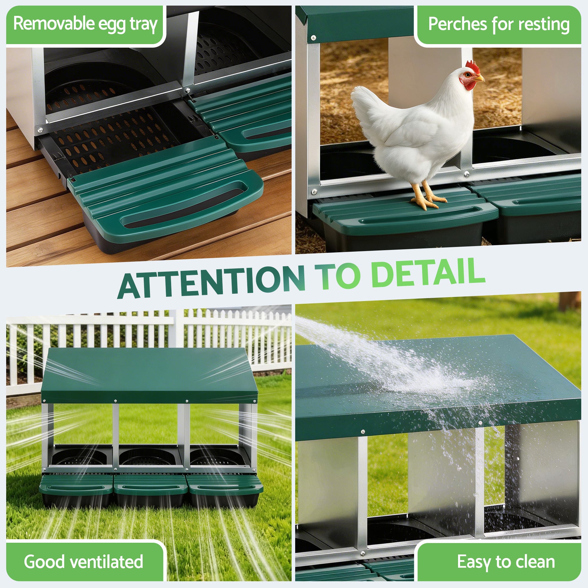Chicken Nesting Box 3 Holes Roll Away Galvanized Metal Wall Mount Green