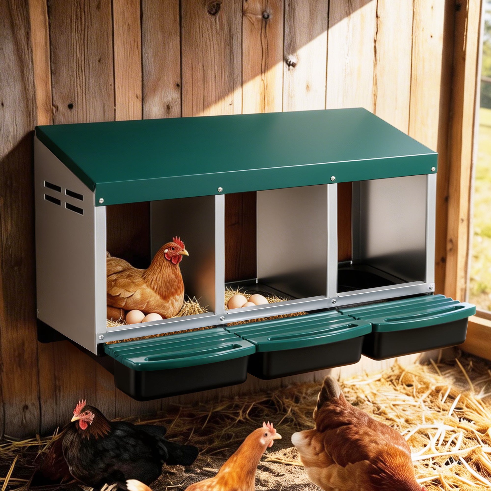 Chicken Nesting Box 3 Holes Roll Away Galvanized Metal Wall Mount Green