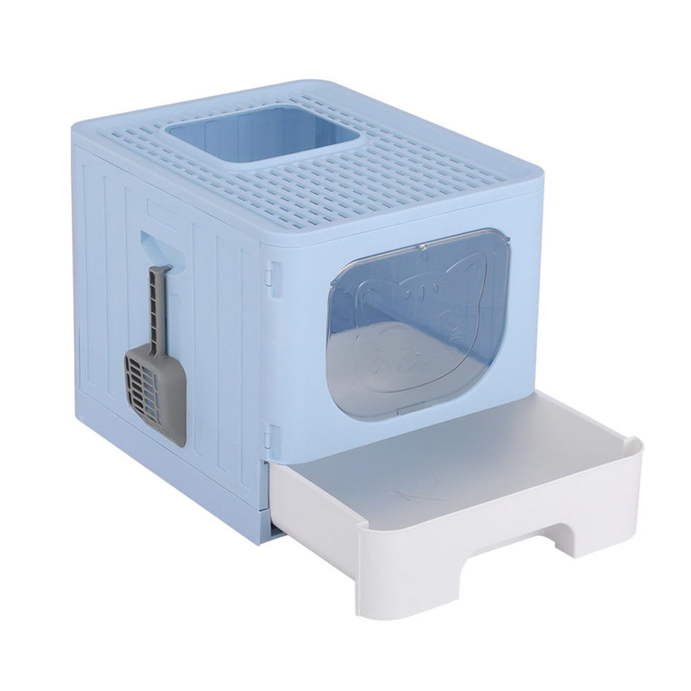 Large Cat Litter Box - Hooded, Foldable Tray with Scoop Blue