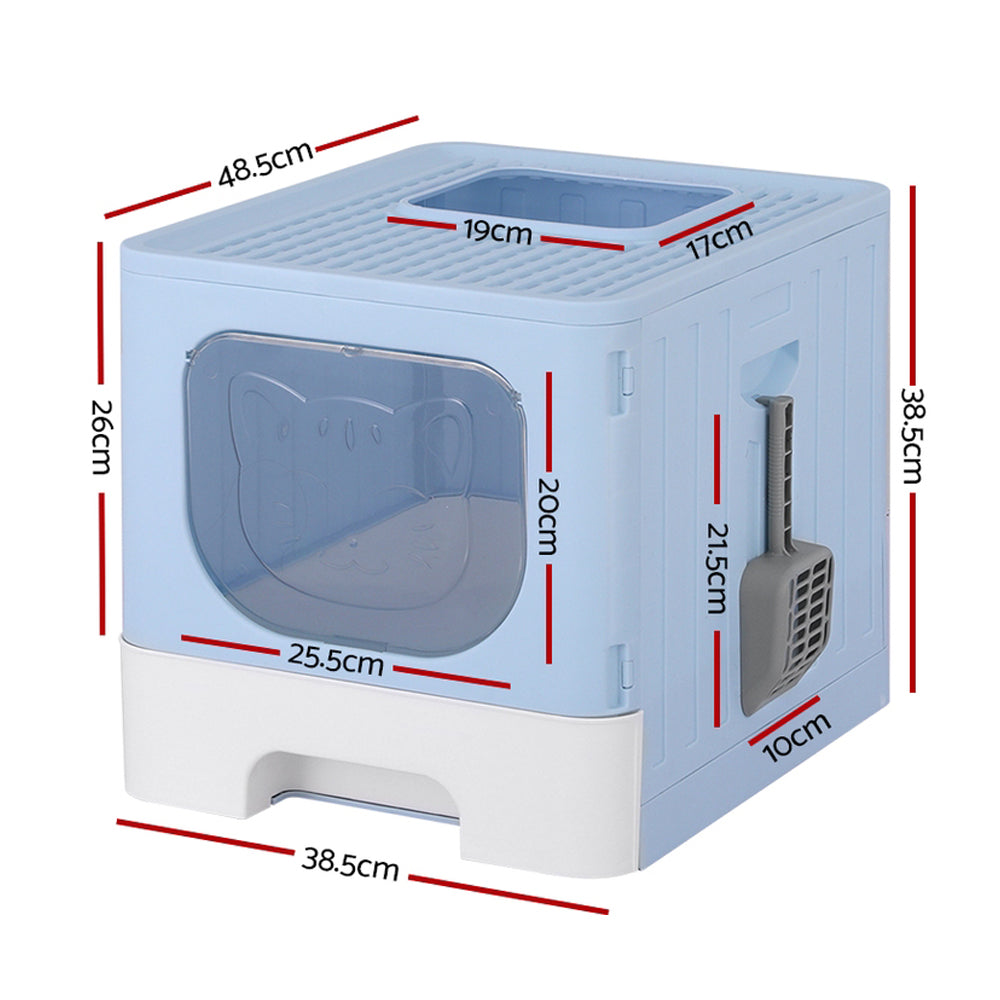 Large Cat Litter Box - Hooded, Foldable Tray with Scoop Blue