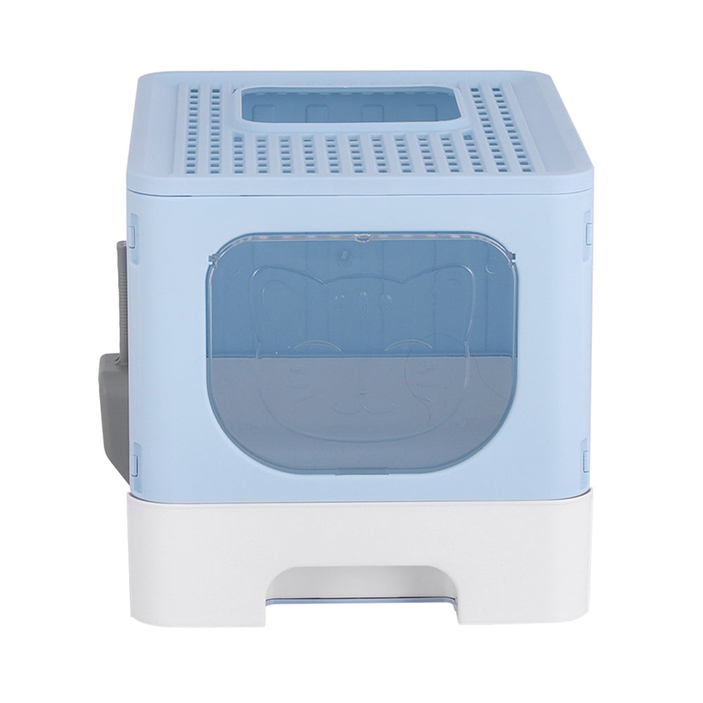 Large Cat Litter Box - Hooded, Foldable Tray with Scoop Blue