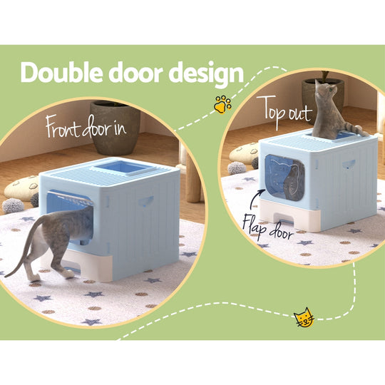 Large Cat Litter Box - Hooded, Foldable Tray with Scoop Blue