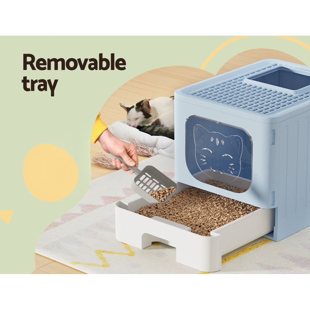 Large Cat Litter Box - Hooded, Foldable Tray with Scoop Blue
