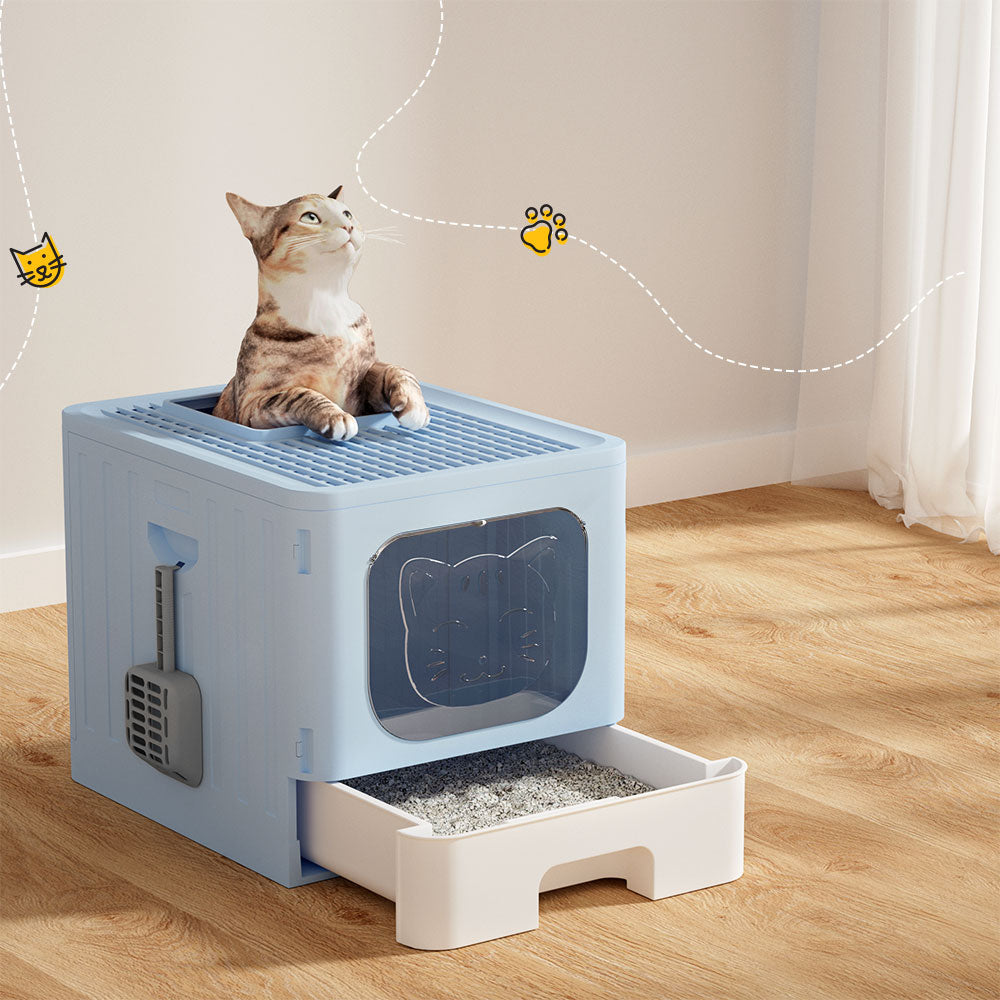 Large Cat Litter Box - Hooded, Foldable Tray with Scoop Blue