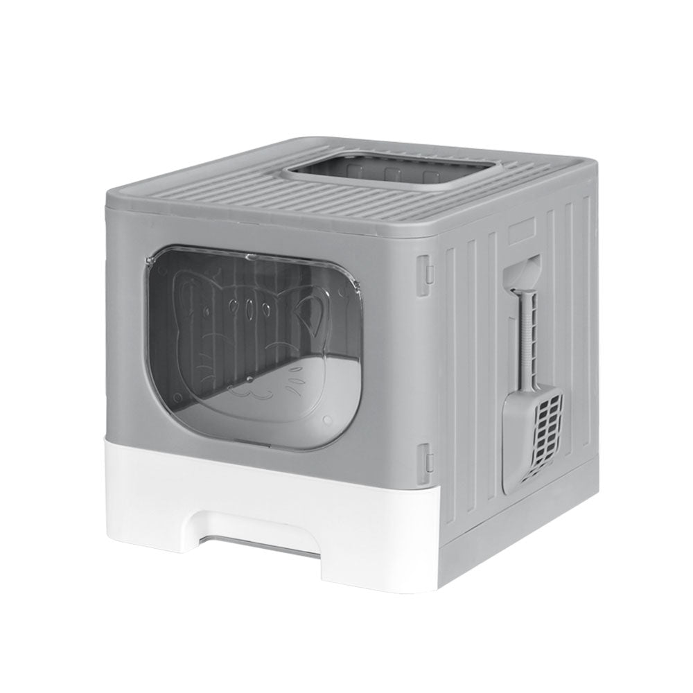 Large Hooded Cat Litter Box Foldable Enclosed Tray with Scoop Grey Double Door Design