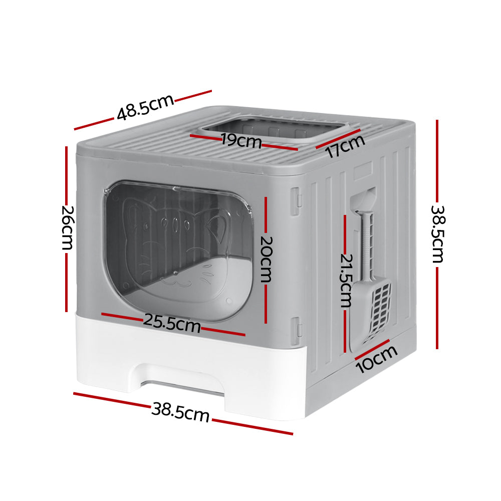 Large Hooded Cat Litter Box Foldable Enclosed Tray with Scoop Grey Double Door Design