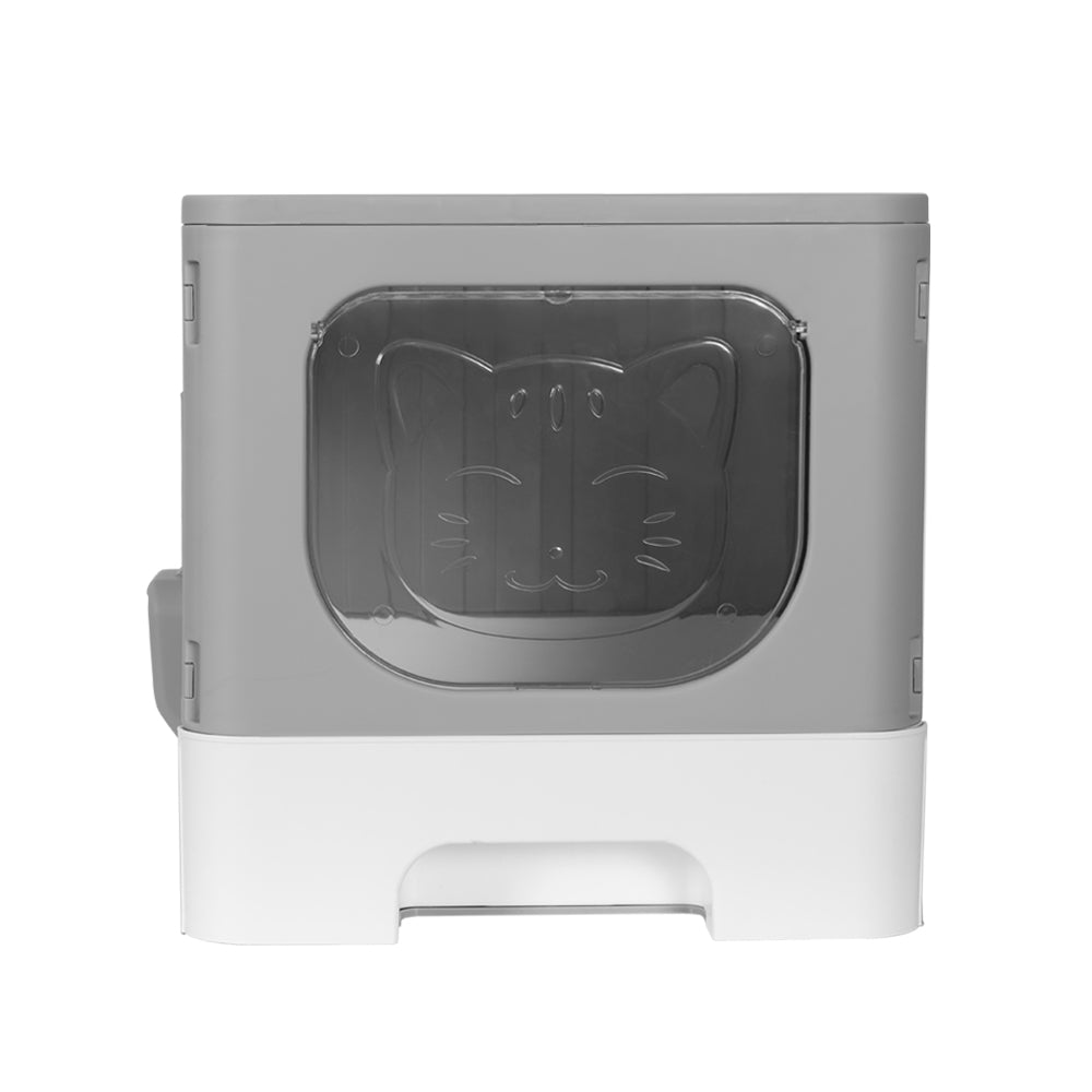 Large Hooded Cat Litter Box Foldable Enclosed Tray with Scoop Grey Double Door Design