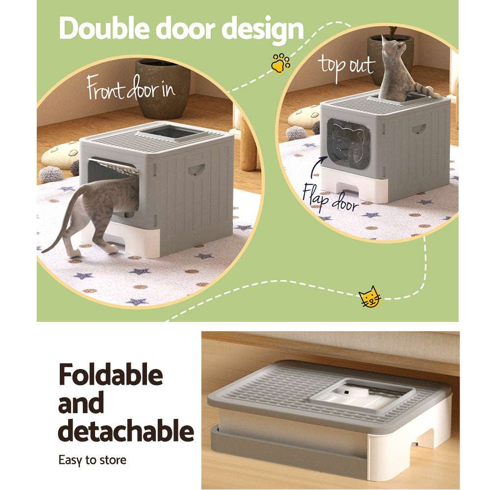 Large Hooded Cat Litter Box Foldable Enclosed Tray with Scoop Grey Double Door Design