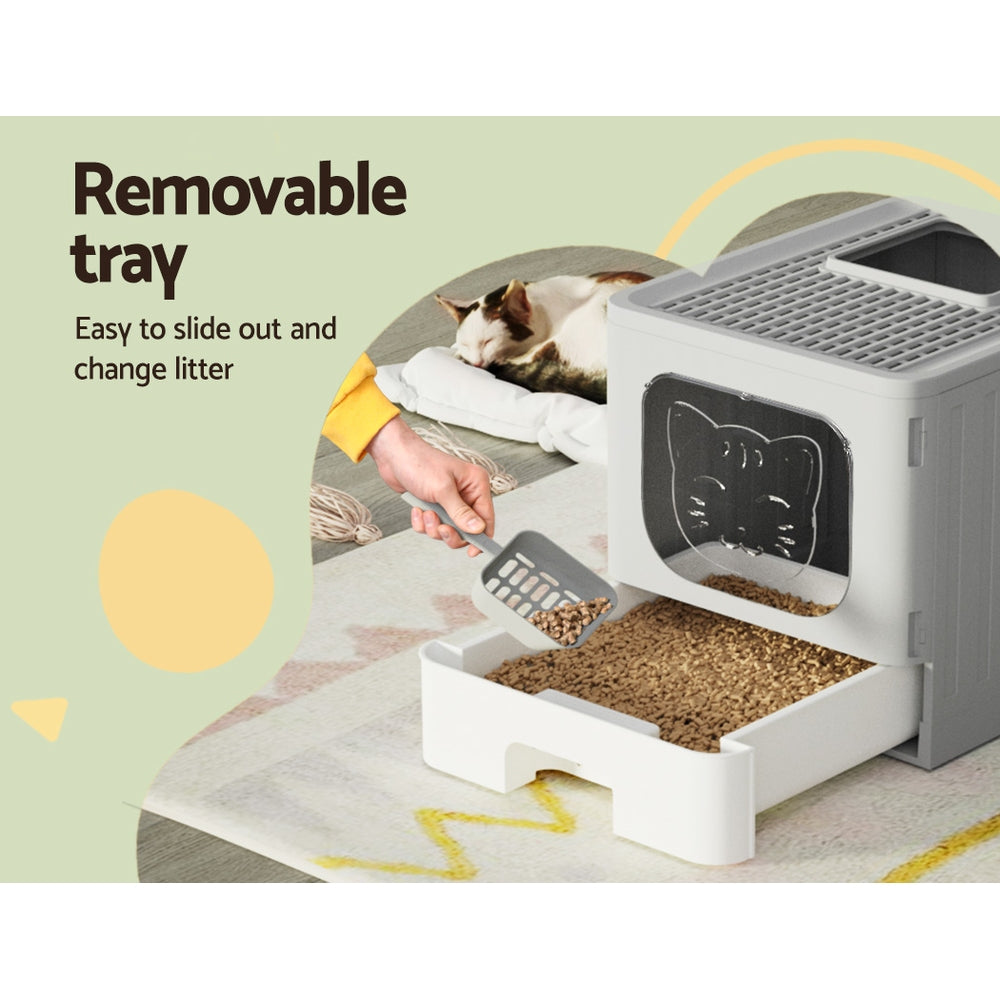 Large Hooded Cat Litter Box Foldable Enclosed Tray with Scoop Grey Double Door Design