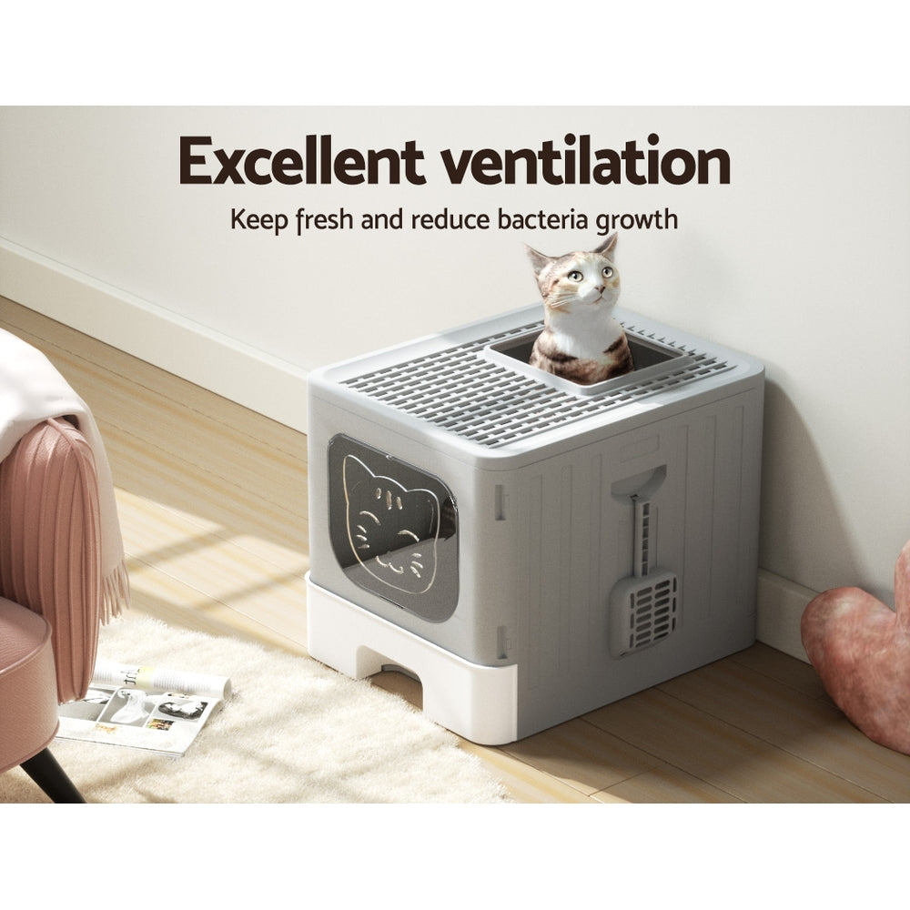 Large Hooded Cat Litter Box Foldable Enclosed Tray with Scoop Grey Double Door Design
