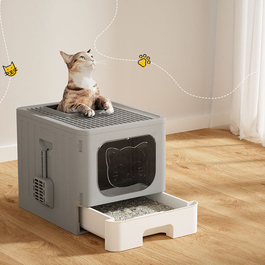 Large Hooded Cat Litter Box Foldable Enclosed Tray with Scoop Grey Double Door Design, Grey colour