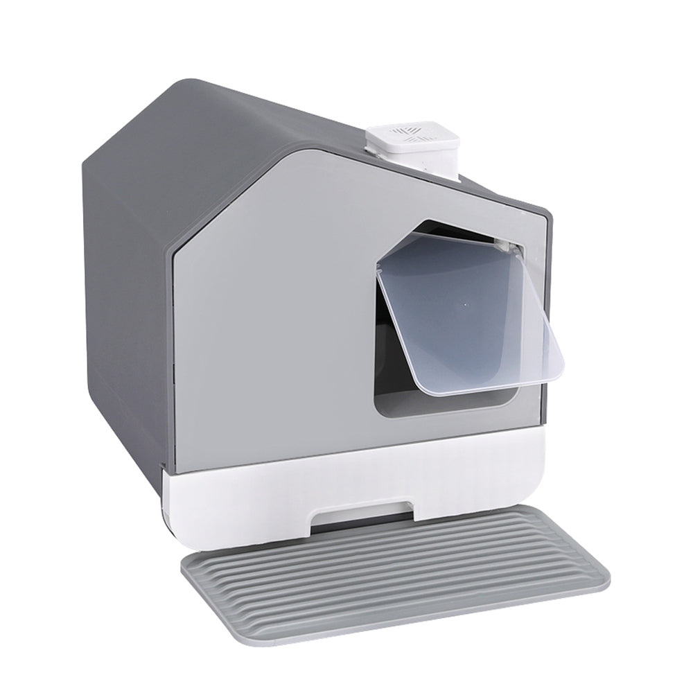 Large Cat Litter Box - Hooded Tray with Scoop & Mat, Grey