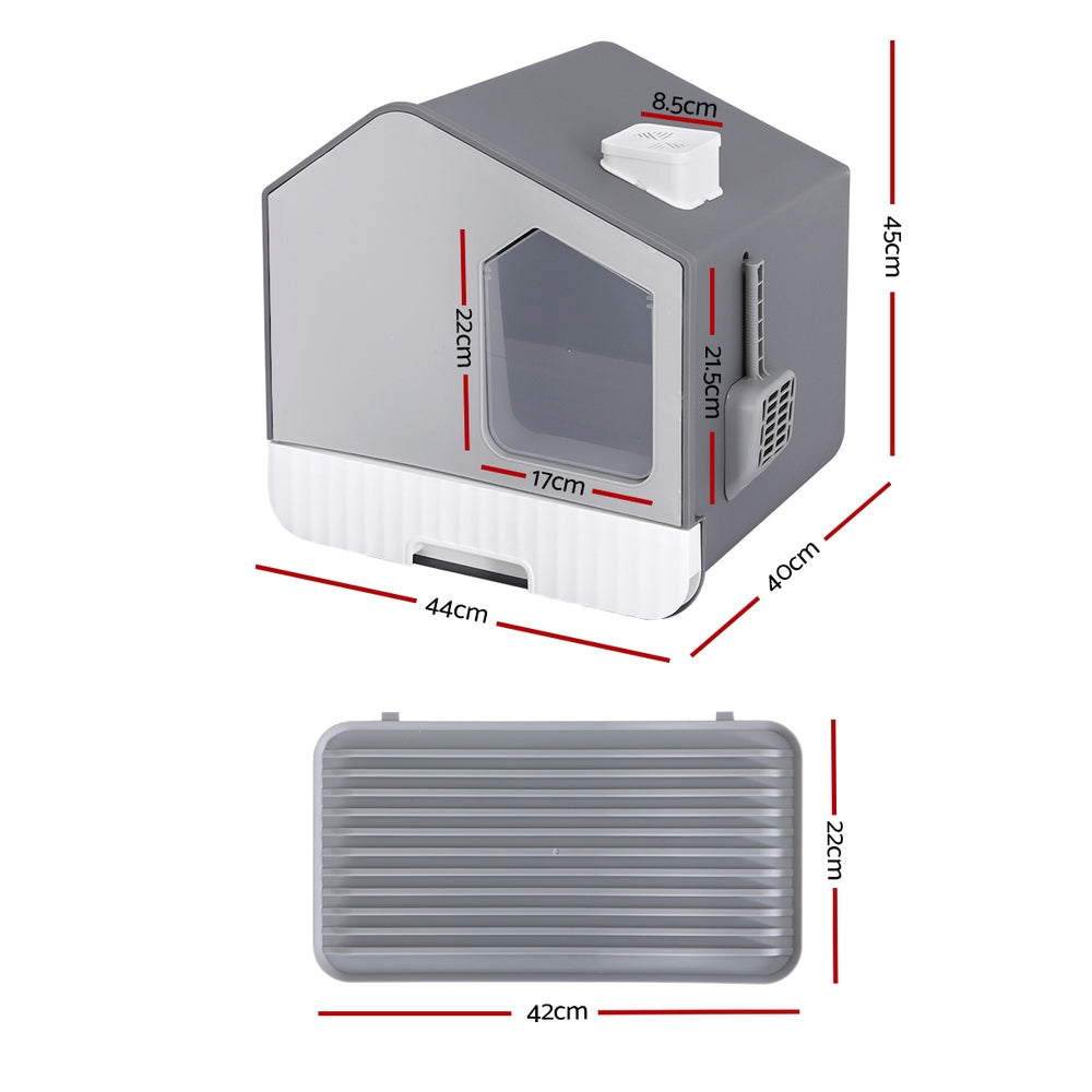 Large Cat Litter Box - Hooded Tray with Scoop & Mat, Grey