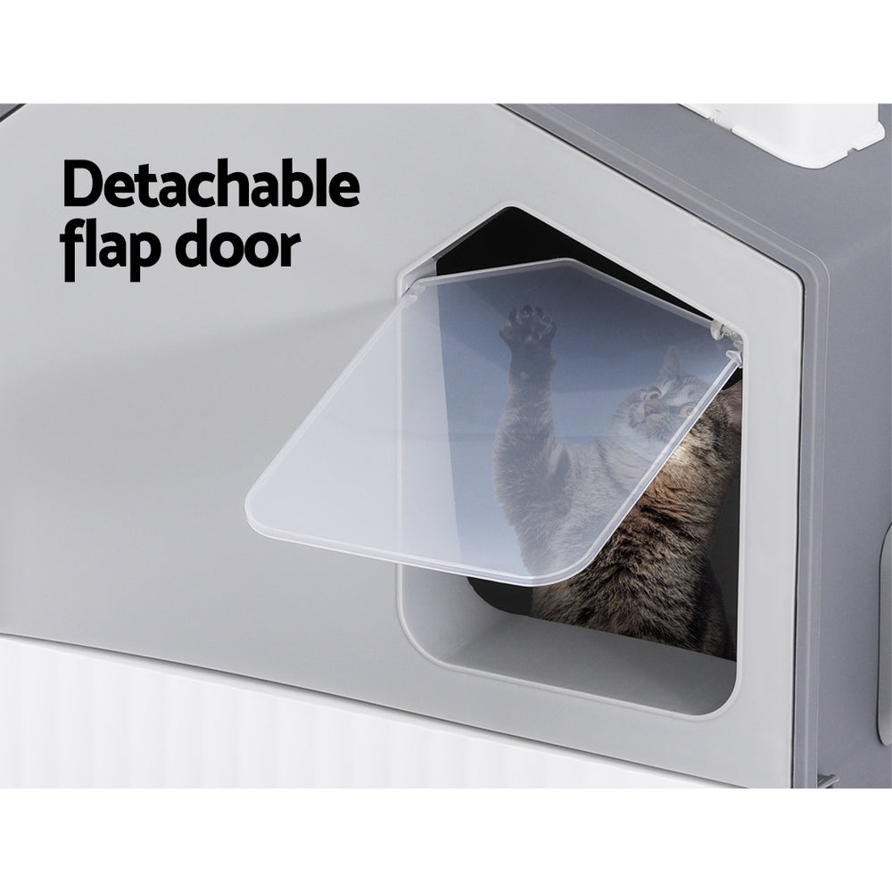 Large Cat Litter Box - Hooded Tray with Scoop & Mat, Grey