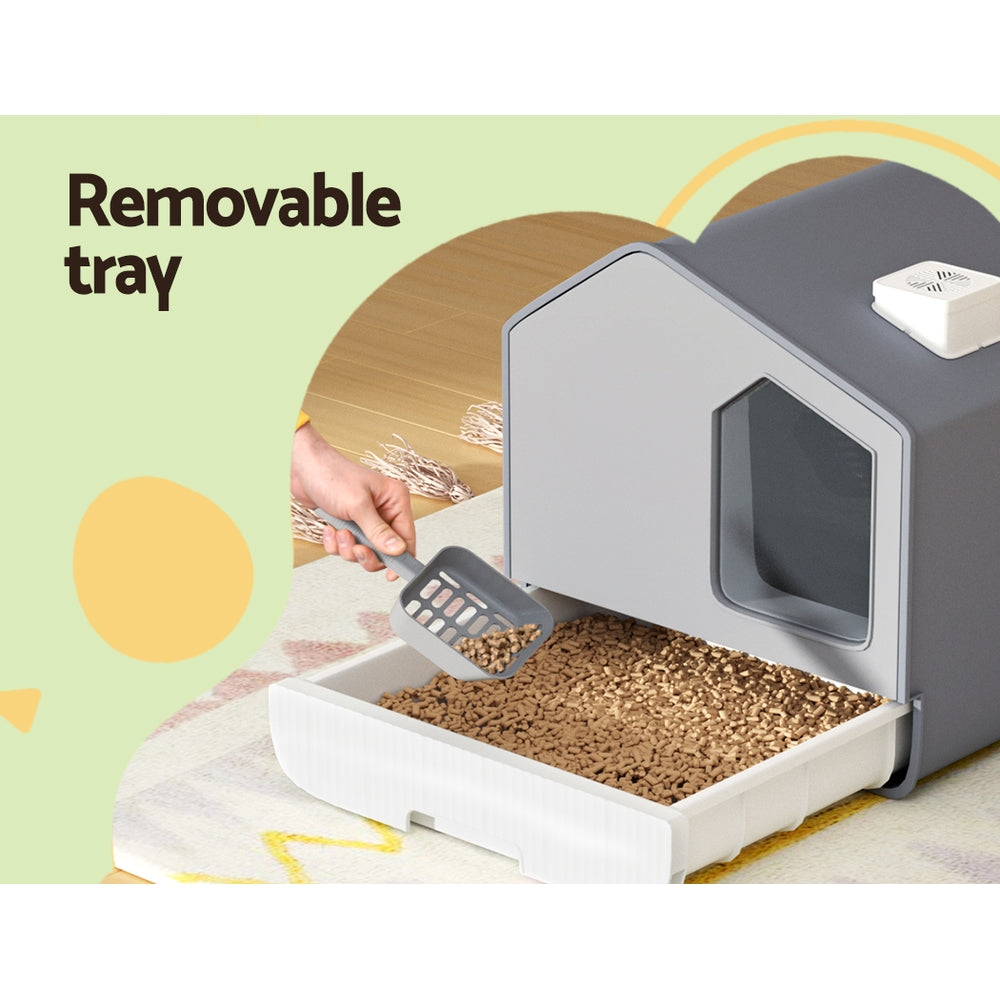 Large Cat Litter Box - Hooded Tray with Scoop & Mat, Grey