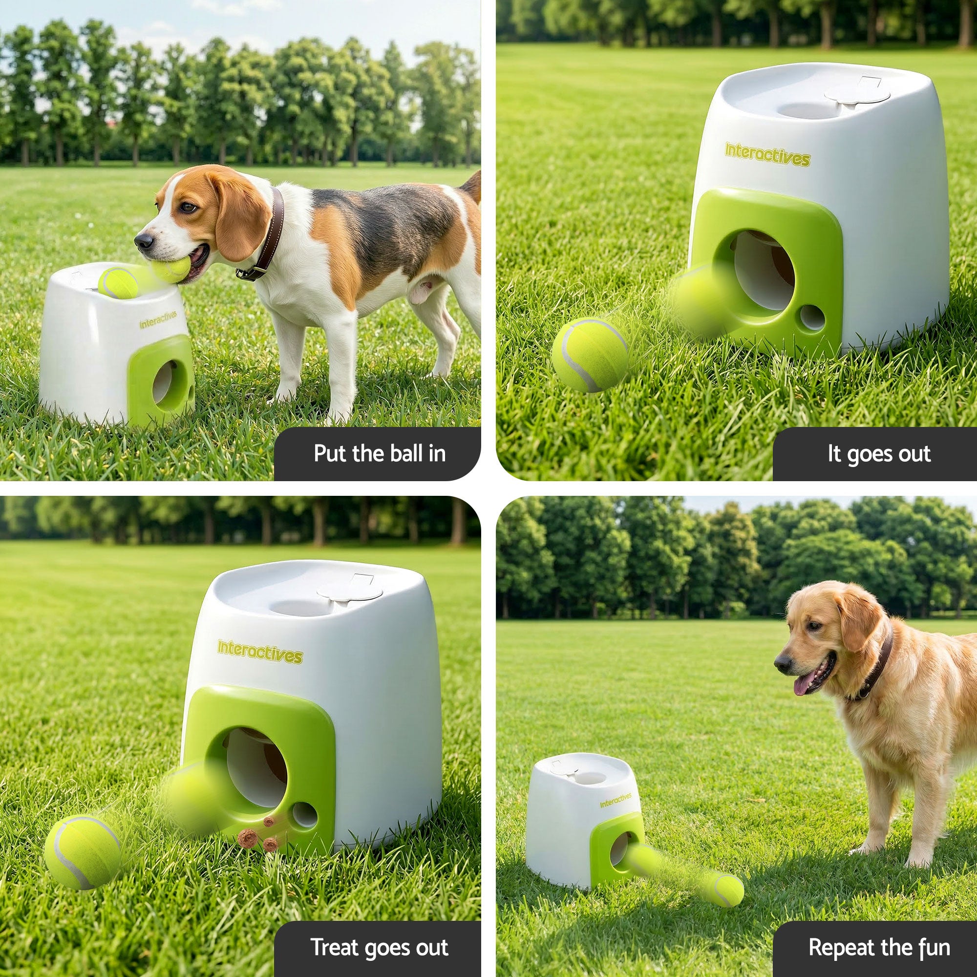 2-in-1 Dog Ball Launcher & Treat Dispenser with 2 Balls Green Toy