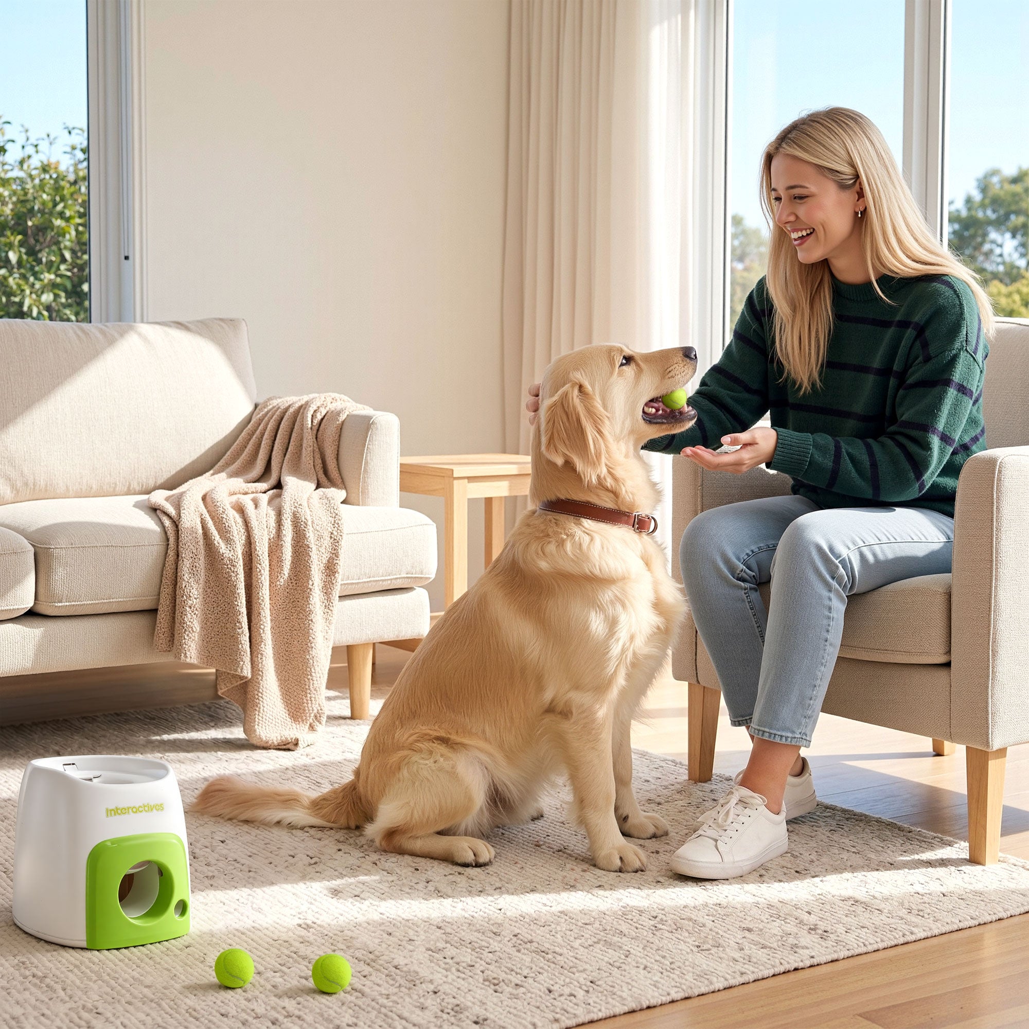 2-in-1 Dog Ball Launcher & Treat Dispenser with 2 Balls Green Toy